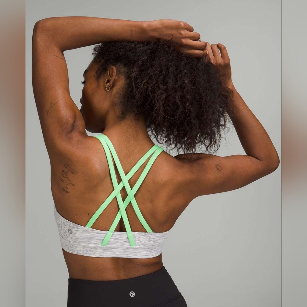Lululemon Energy Bra Medium Support, B–D Cups Green White Gray Striped Size 6